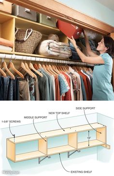 an image of a woman looking at clothes on racks in a closet and another diagram showing how to organize the closet