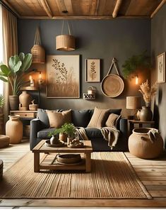 a living room filled with furniture and pictures on the wall next to potted plants