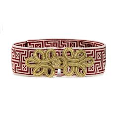 Red handmade elastic belt with  original gold cord buckle. This unique handmade belt is inspired from Greek traditional costumes but it is a contemporary accessory. It is a statement accessory for a stylish woman.   DETAILS *Size: S,M,L ( for a better fit, measure  your waist ) *Width 1,57 inches/ 4 centimeters  CARE TIPS *You can wash it by hand and carefully *Keep your belt away from chemicals like hairspray, body creams & perfumes. *Carefully put on and put off. *Keep your handmade accessorie Adjustable Gold Fabric Belt, Adjustable Gold Rope Belt, Elegant Handmade Adjustable Belt, Adjustable Gold Belt As A Gift, Adjustable Embroidered Gold Belt, Elegant Adjustable Belts As Gift, Adjustable Gold Embroidered Belt, Gold Adjustable Embroidered Belt, Elegant Adjustable Belt For Gift