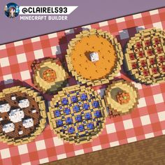 some pies are sitting on a table with red and white checkered cloth