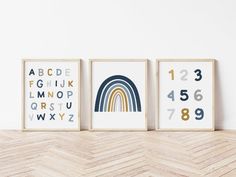 three children's wall art prints with numbers and rainbows on them in various colors