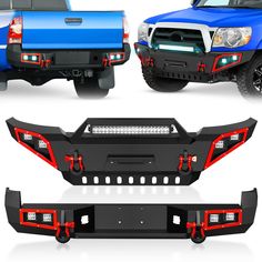 the front and rear bumpers of a blue pickup truck with red led lights on