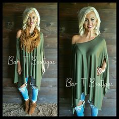 Olive Slouch Top ~ Follow @bar_t_boutique on Instagram for Weekly New Arrivals Long Sleeve Fringe Poncho For Fall, Pre-shrunk Tops For Rodeo In Fall, V-neck Fringe Top For Fall, Fall Long Sleeve Fringe Cardigan, Western Suede Ankle-high Booties, Boho Style Bracelets, Winter Styles, Fall Yall, It's Fall