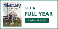 an advertisement for midwest living show time with two people sitting on a bench in the grass