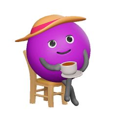 a purple ball sitting on top of a wooden chair with a cup of coffee in it