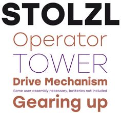 some type of font with different colors and styles on it, including the words'stollzl operator tower drive mechanism '