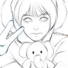 a drawing of a girl holding a teddy bear in her arms and looking at the camera