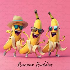 three bananas wearing sunglasses and hats are running in front of each other with the caption banana buddies