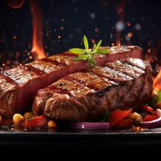 two steaks on a grill with flames in the backgroud and vegetables around them