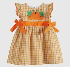 Embroidered Pumpkin Dress Fall Pumpkin Dress Pumpkins, Halloween, Thanksgiving  Girl's Fall Dress, Girl's Thanksgiving Dress Dresses For Toddlers, Angel Sleeves Dress, Orange Gingham, Pumpkin Applique, Pumpkin Dress, Christmas Wear, Girl Beanie, Orange Plaid, Bow Dress