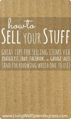 a cardboard box with the words how to sell your stuff in white lettering on it