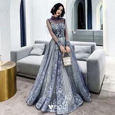 Best Purple Evening Dresses 2020 A-Line / Princess High Neck Puffy Long Sleeve Glitter Appliques Lace Beading Floor-Length / Long Ruffle Backless Formal Dresses High Neck Evening Dress, Best Evening Dresses, Cheap Evening Gowns, Black Mermaid Prom Dress, Evening Gowns Online, Royalty Dress, Backless Formal Dresses, Purple Evening Dress, Grey Prom Dress