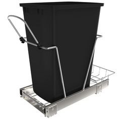 a black trash can sitting on top of a metal rack