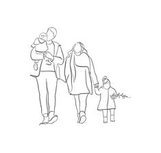 a black and white line drawing of a family walking with one child in their arms