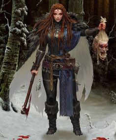 a woman with long red hair holding a knife in the middle of a snowy forest