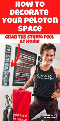 a woman standing in front of a red towel with the words how to decorate your pelot