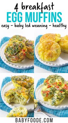 four breakfast egg muffins on plates with text overlay that reads, 4 breakfast egg muffins easy baby led weaving healthy