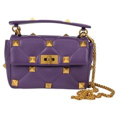 Valentino Roman Stud Collection in lavender lambskin leather. Diamond-quilted shoulder bag with tonal studs and a versatile top handle and cross body strap combination. Handle drop 3”, detachable shoulder strap 24” The bag is new and comes with the original dustcover and booklet. Valentino Bag Outfit, Valentino Bags, Purple Leather, Fabric Gift Bags, Bags Designer Fashion, Leather Chain, Flap Bag, Lambskin Leather, Fashion Handbags