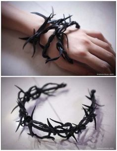 two pictures of hands with barbed wire on them