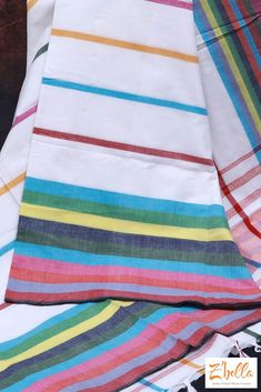 Handloom Certified White Cotton Saree With Multi Color Lines No Bp Saree Multicolor Cotton Handloom Saree, Handloom Multicolor Cotton Saree, White Cotton Handloom Dupatta, White Cotton Saree, Color Lines, Cotton Saree, White Cotton, Multi Color, Saree