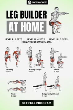 the leg builder at home workout plan is shown in red and white, with instructions for each