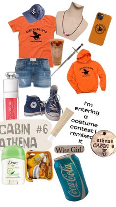 an assortment of items that include orange shirts, blue shorts and shoes with the caption i'm entering a costume contest next to it