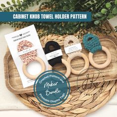 three wooden rings and two crochet ring patterns on a tray with the text cabinet knob towel holder pattern