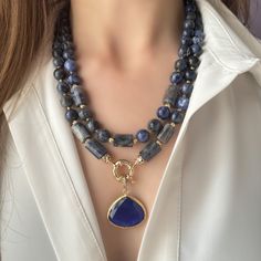 Elevate your style with our Sodalite Necklace. Handcrafted with deep blue sodalite gemstones, this beaded jewelry piece is perfect for making a statement. It's an ideal Mother's Day gift or anniversary gift. Women like it!  You can wear this unique gemstone jewelry  everyday and it will absolutely add a stylish finishing touch to your look. Beaded statement necklace is suitable for your summer clothes.  You can choose this big bold sun stone necklace for your mom, wife or girlfriend as a birthda Sodalite Necklace, Blue Statement Necklace, Unique Anniversary Gifts, Beaded Necklace Designs, Lapis Lazuli Necklace, Necklace For Her, Beaded Statement Necklace, Necklace Pearl, Handmade Jewelry Diy