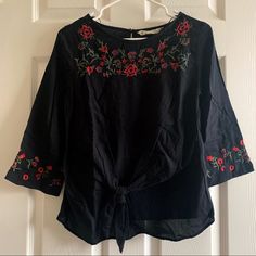 New With Tags. Has Front Tie Detail. No Flaws. Zara Casual Embroidered Tops, Zara Black Tops With Floral Embroidery, Casual Embroidered Zara Tops, Zara Black Embroidered Tops, Embroidered Blouse, Zara Black, Zara Tops, Black Floral, Black Red