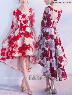 10% off now|Free shipping world-wide. Burgundy Flowers High Low Homecoming Dress With Sleeves at GemGrace. Click to learn our pro custom-made service for wedding dress, formal dress. View #HomecomingDresses for more ideas. Party Dress With Floral Print And High-low Hem, Spring Prom High-low Dress, Red Floral Print Prom Dress, Spring Prom High Low Dress, Spring Burgundy Dresses For Weddings, Homecoming Dress With Sleeves, Hoco Party, Party Dress With Sleeves, Party Dresses With Sleeves