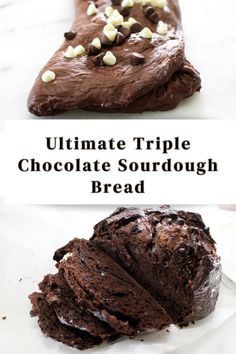 the ultimate triple chocolate sourdough bread is ready to be cut into pieces and eaten