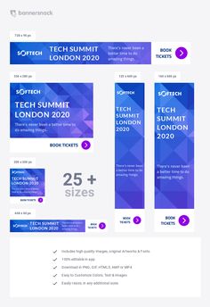 the website design for tech summit london is shown in blue and purple tones, with text below it