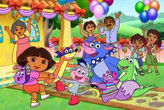 dora the dinosaur birthday party with balloons and people in the background, including two children