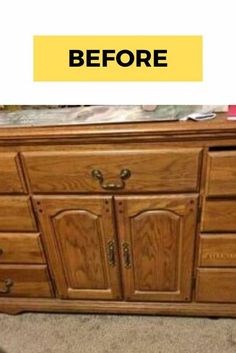 a wooden dresser with the words before and after on it's bottom half painted yellow