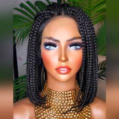 Small Box Braided Bob Lace Wig Flexible Parting Lace Front Wig 100% Premium Fiber Hair Color Shown : 1b Short Bob (Neck Length) Braided Bob, Bob Lace Wig, Box Braids Bob, Twist Cornrows, 1960s Hair, Small Box Braids, Goth Hair, Gold Hair Clips, Lace Braid