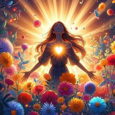 a painting of a woman surrounded by flowers with the sun shining through her eyes and arms