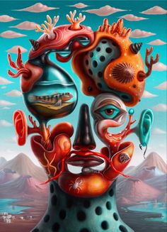 a painting of a man's face with many different things in his head and body