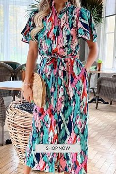 Fashion Casual Loose Abstract Print Short Sleeve Shirt Maxi Dress Casual Colorful Patterned Maxi Dress, Colorful Knee-length Summer Dress, Casual Multicolor Shirt Dress For Day Out, Colorful Patterned Knee-length Summer Dress, Patterned Short Sleeve Vacation Dresses, Printed Knee-length Shirt Dress For Summer, Patterned Short Sleeve Summer Maxi Dress, Patterned Short Sleeve Maxi Dress For Summer, Summer Printed Knee-length Shirt Dress