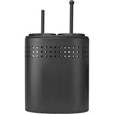 a black trash can with two handles on the front and one handle on the back