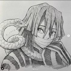 a drawing of a person holding a snake