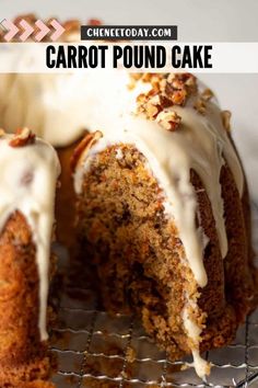 a close up of a cake on a cooling rack with the words carrot pound cake