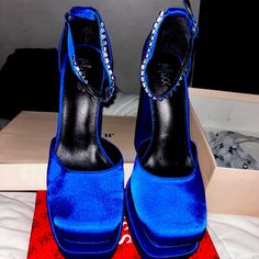 Beautiful Bright Royal Blue Chunky Heel Never Worn Size 10 Shoes Blue Wedge Heels For Evening, Blue High Heel Platform Shoes, Blue Platform Heels In Synthetic Material, Blue Platform Wedge Heels, Blue Platform High Heels, Blue Platform Heels With Wedge Heel, Blue Platform Heels With Ankle Strap, Formal Blue Platform Heels, Royal Blue Party Heels For Spring