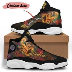 scorpio sign design shoes, scorpio zodiac custom sneakers, men shoes, women shoes, personalized trainers, high top shoes Each of our Shoes is custom handmade with a premium rubber outsole for traction and exceptional durability. High Quality 3D Printing 100% Vegan leather Memory EVA insole for maximum comfort Robust and flexible rubber outsole Please allow 5-7 days production time Please Note this is not Brand Nike or Adidas Shoes,This is handmade similar sneakers made by our factory. Basket Sho Personalized Sneakers, Custom Jordan, Birthday Shoes, Jordan 13 Shoes, 13 November, November Birthday, Personalized Shoes, Jordan 8, Taurus Zodiac