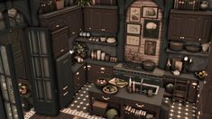 Dark Academia Bloxburg House Interior, Sims 4 Dark Academia Apartment, Sims 4 Kitchen Layout, Dark Academia Mansion Layout, Sims 4 Manor Interior, Sims 4 Victorian Kitchen, Sims 4 Mansion Interior, Sims 4 Small Apartment, Sims Dark Academia