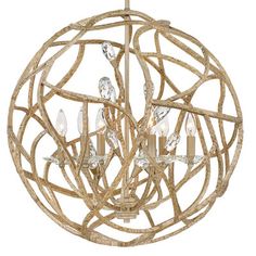 a chandelier made out of branches with candles in the center and lights on each side