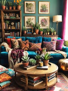 a living room filled with lots of furniture and plants on top of a coffee table