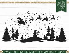 svg christmas scene with santa sleigh and reindeers flying over the forest