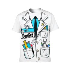 Dentist Lab Coat Funny Custom Shirts Unisex All Over Print T-Shirt from Funanimagraphics. Custom Shirts Unisex All Over Print T-Shirt * [Material]: Polyester * [Print Technology]: Digital print * [Print Position]: All over print * [Type]: Crewneck T-shirt * [Occasion]: Basic T-shirt of casual style, suitable for any usual occasion. * [Care Instruction]: Hand wash or machine wash. About this Item * Quality workmanship Selected high-quality fabrics, soft, comfortable, and skin-friendly, both cuffs and hem of this shirt are well-stitched for durability. * Premium material The shirt is made of quality polyester, which is durable in shape and won't deform. The elastic fabric offers a non-deformed and non-pilling fit. This classic shirt of sweat-absorbing is suitable as a layer. * High-quality p School Crew Neck Sublimation T-shirt With Graphic Print, White Cotton Cartoon Print Sublimation Design, White Cotton T-shirt With Cartoon Sublimation Design, White Crew Neck Top With Cartoon Print Sublimation, White School T-shirt With Character Print, White T-shirt With Character Print For School, White Character Print T-shirt For School, School T-shirt With Graphic Design, Crew Neck, White Graphic Design T-shirt For School