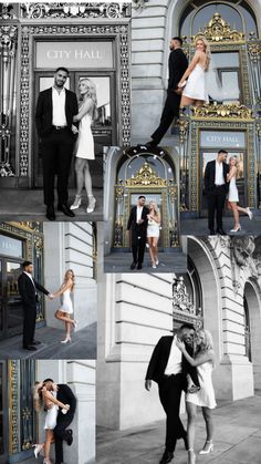 black and white photo collage of people in front of an ornate building with gold trimming