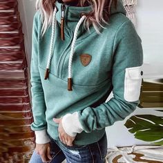 Green Long Sleeve Drawstring Sport Hoodie Style Vert, Turtleneck Style, Evening Dresses Short, Sports Hoodies, Short En Jean, Casual Summer Dresses, Blue Jacket, Sleeves Pattern, Casual Hoodie